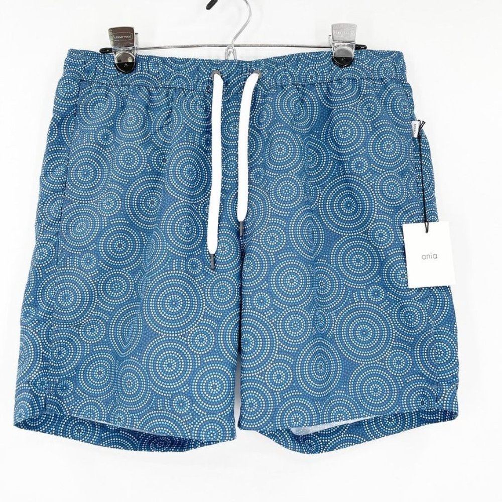 New Onia Mens Large The Charles Swim Shorts Trunks River Blue Circle Mosaic 7 In